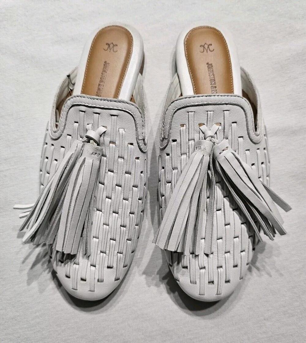 Johnston & Murphy Belle Womens Shoe 7 M White Woven Leather Mule Tassel